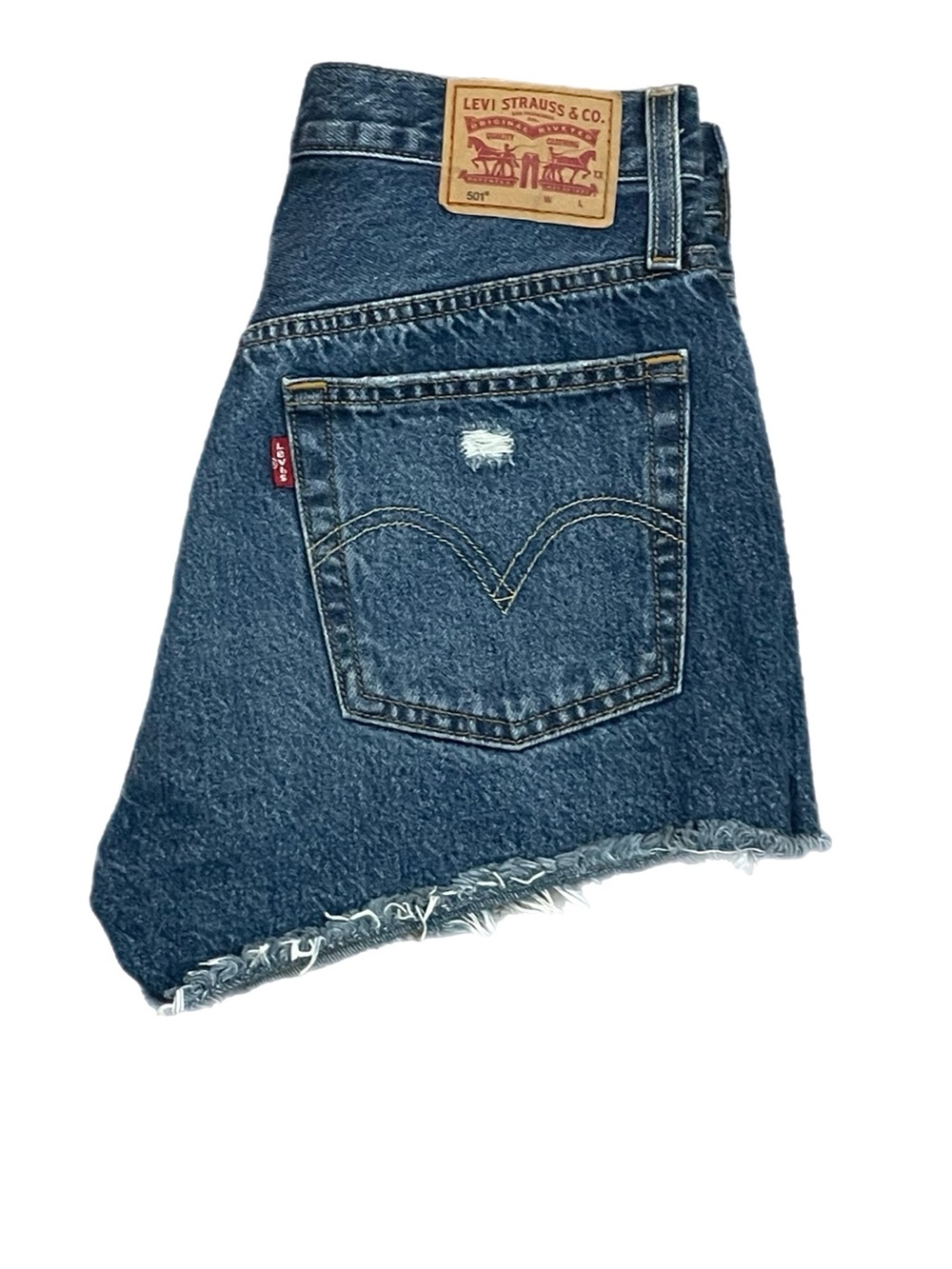Women’s Levi's 501 Distressed Denim Jean Shorts W26 Ripped Frayed Hem Blue